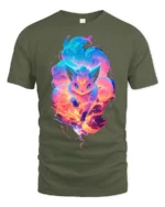 Flaming Fox Spirit T-Shirt Glow in the Dark Style Tee - military green t-shirt on white background