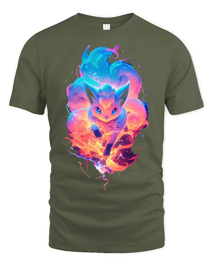 Flaming Fox Spirit T-Shirt Glow in the Dark Style Tee - military green t-shirt on white background