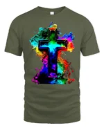 Faith Cross T-Shirt Christian Pride in Rainbow Colors - military green t-shirt on white background