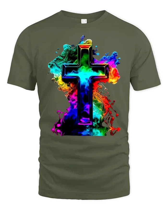 Faith Cross T-Shirt Christian Pride in Rainbow Colors - military green t-shirt on white background