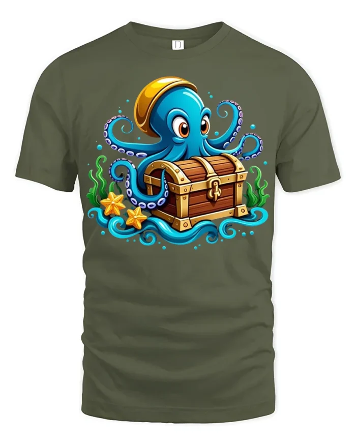 Ocean Pirate Octopus T-Shirt Cute Sea Creature Tee - military green t-shirt on white background