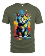 Pop Art Cat T-Shirt Bright Colorful Cat Lover Shirt - military green t-shirt on white background
