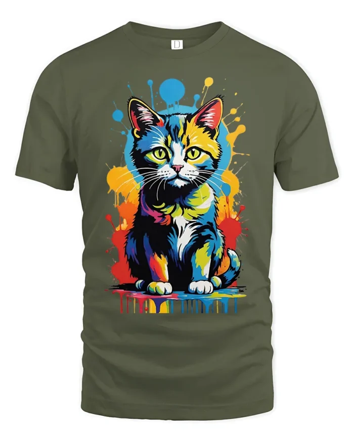 Pop Art Cat T-Shirt Bright Colorful Cat Lover Shirt - military green t-shirt on white background
