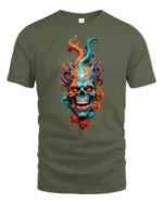 Skull Flame Roses T-Shirt Edgy Rock Style Tee - military green t-shirt on white background