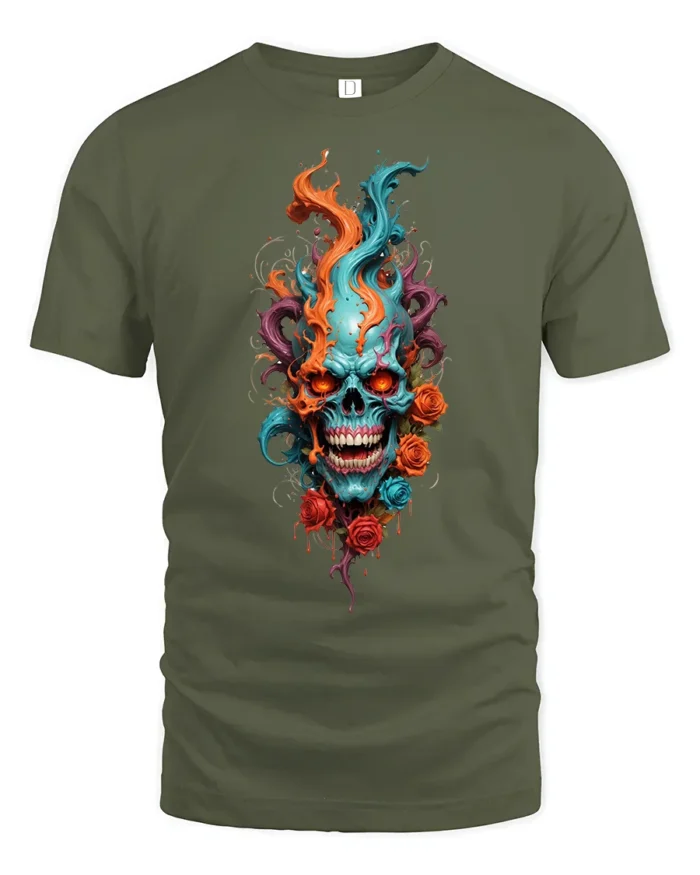 Skull Flame Roses T-Shirt Edgy Rock Style Tee - military green t-shirt on white background