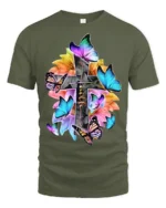 Christian Faith T-Shirt with Cross, Flowers, and Butterflies - military green t-shirt on white background