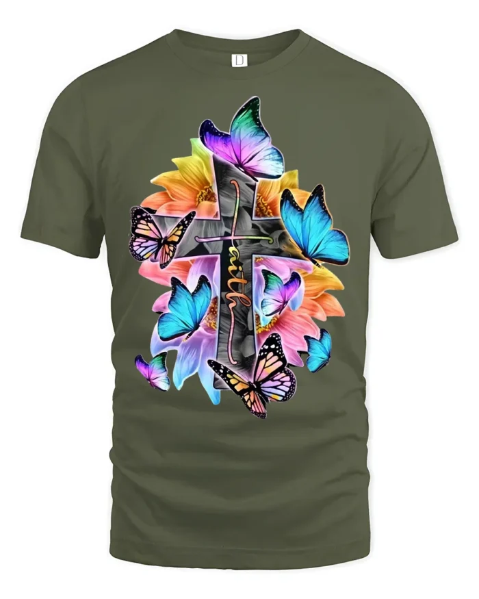 Christian Faith T-Shirt with Cross, Flowers, and Butterflies - military green t-shirt on white background