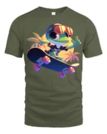 Funny Frog on Skateboard T-Shirt Vibrant Summer Tee - military green t-shirt on white background