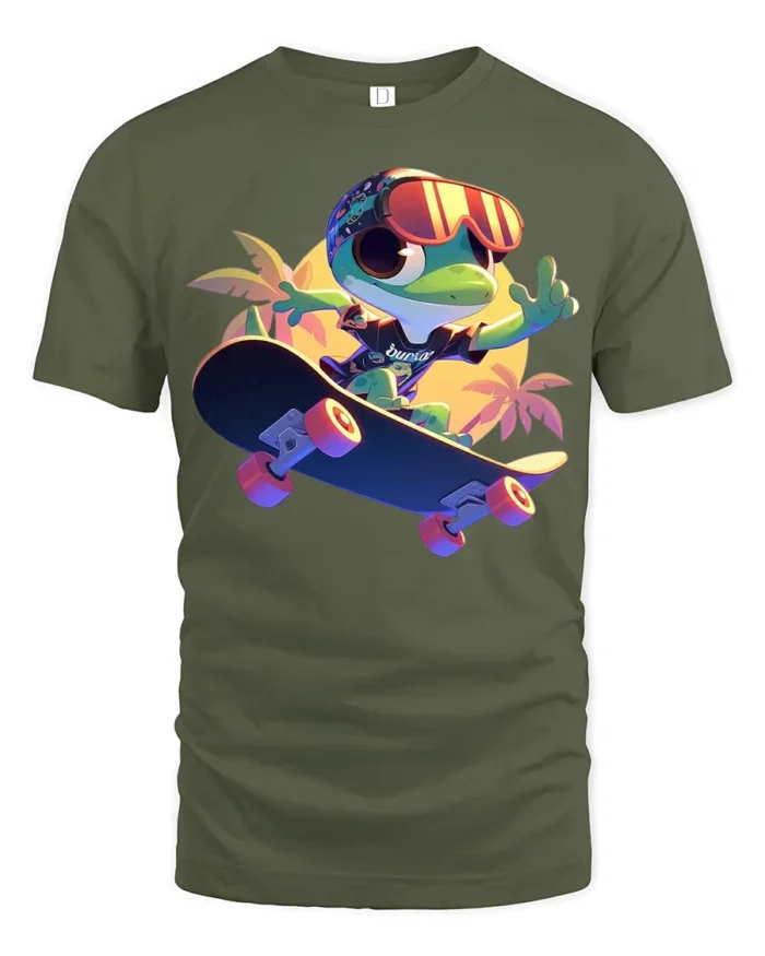 Funny Frog on Skateboard T-Shirt Vibrant Summer Tee - military green t-shirt on white background