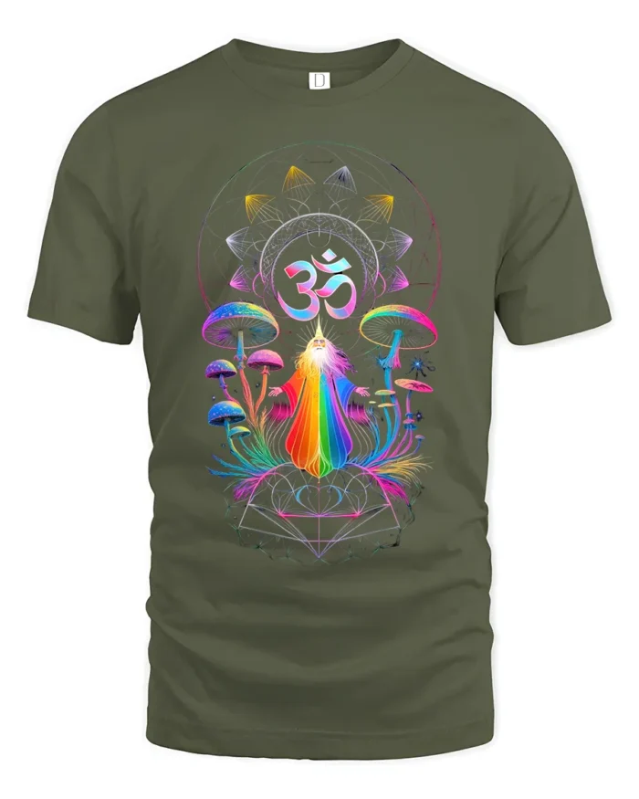 Psychedelic Om T-Shirt Rainbow Shaman Meditation Tee - military green t-shirt on white background