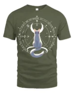 Mystic Cat Moon T-Shirt Celestial Witchcraft Tee - military green t-shirt on white background