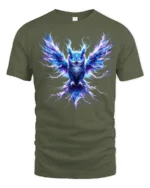 Electric Owl T-Shirt Glowing Bird Graphic Tee for Men - military green t-shirt on white background