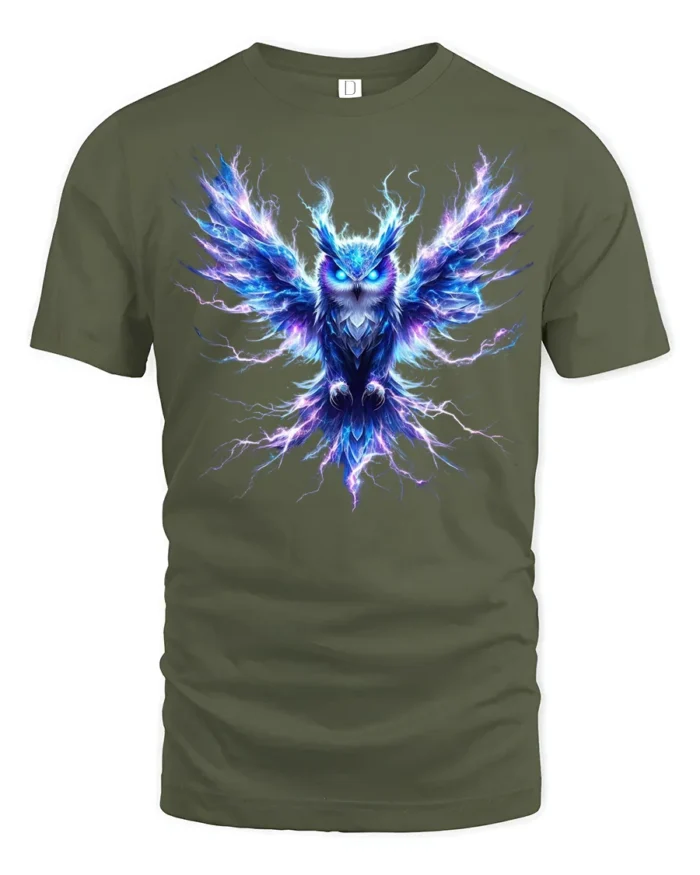 Electric Owl T-Shirt Glowing Bird Graphic Tee for Men - military green t-shirt on white background