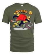 Funky Hat Graphic T-Shirt Playful Hip Hop Style Tee - military green t-shirt on white background