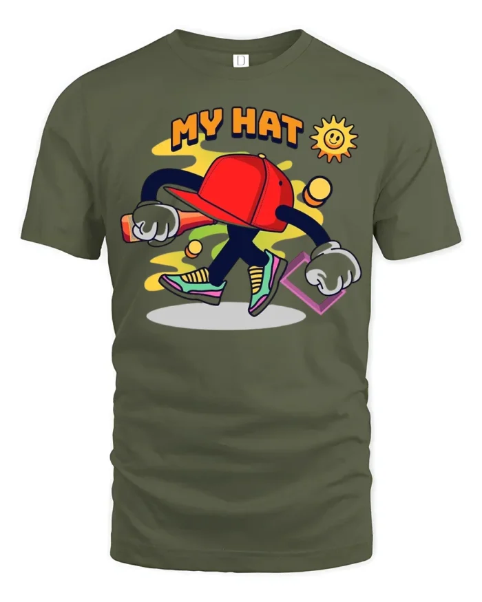 Funky Hat Graphic T-Shirt Playful Hip Hop Style Tee - military green t-shirt on white background