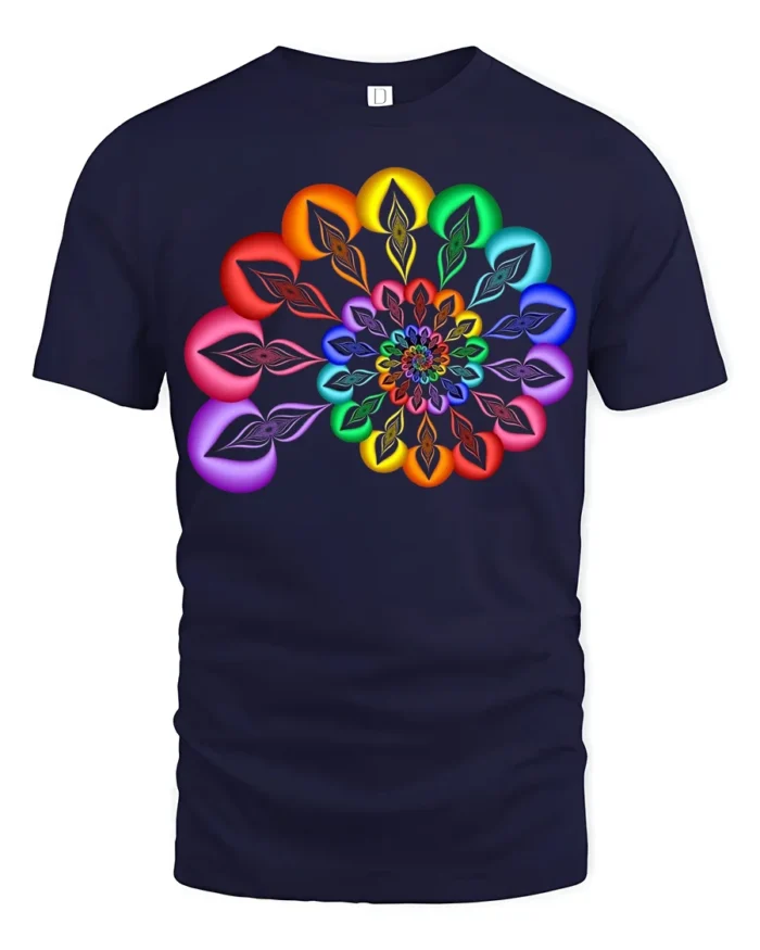 Rainbow Mandala T-Shirt Vibrant Geometric Art Tee - navy t-shirt on white background