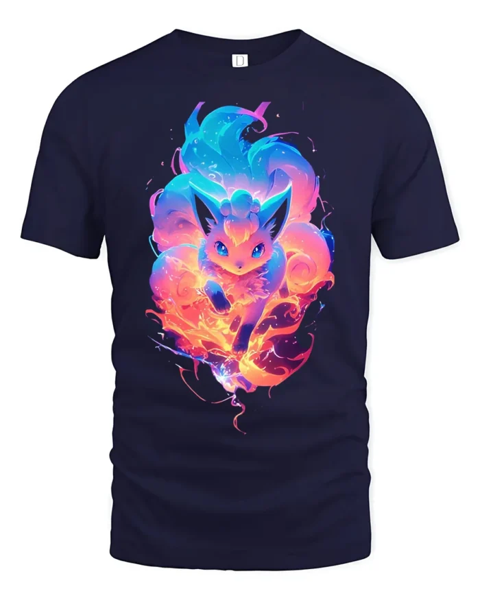 Flaming Fox Spirit T-Shirt Glow in the Dark Style Tee - navy t-shirt on white background