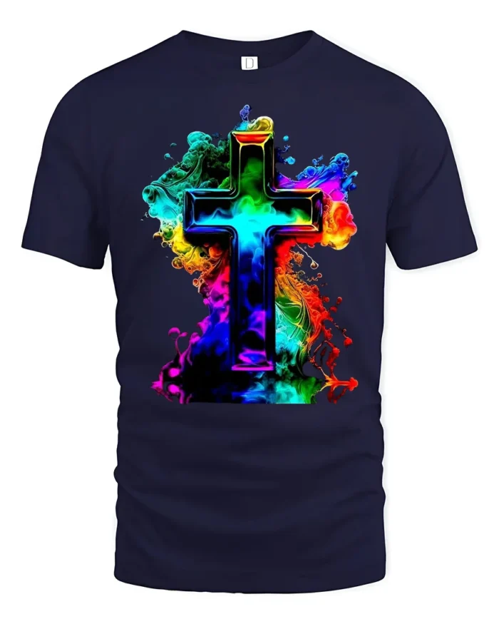 Faith Cross T-Shirt Christian Pride in Rainbow Colors - navy t-shirt on white background