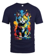 Pop Art Cat T-Shirt Bright Colorful Cat Lover Shirt - navy t-shirt on white background