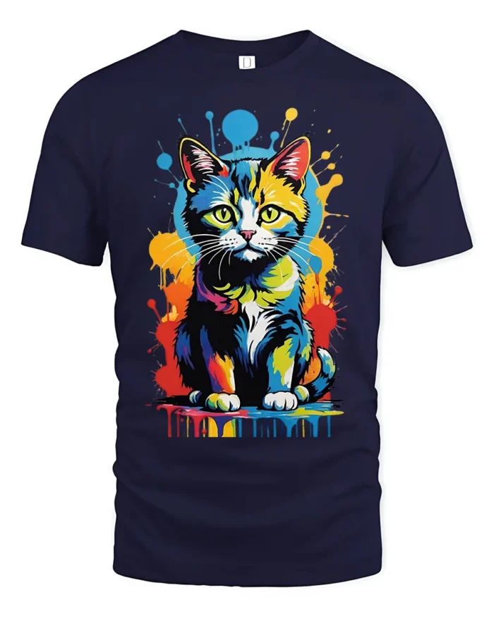 Pop Art Cat T-Shirt Bright Colorful Cat Lover Shirt - navy t-shirt on white background