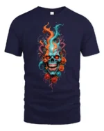 Skull Flame Roses T-Shirt Edgy Rock Style Tee - navy t-shirt on white background