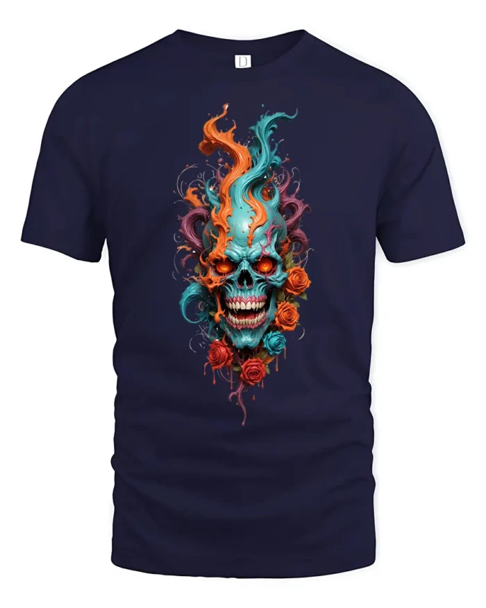 Skull Flame Roses T-Shirt Edgy Rock Style Tee - navy t-shirt on white background