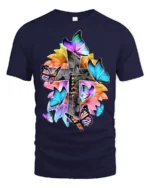 Christian Faith T-Shirt with Cross, Flowers, and Butterflies - navy t-shirt on white background