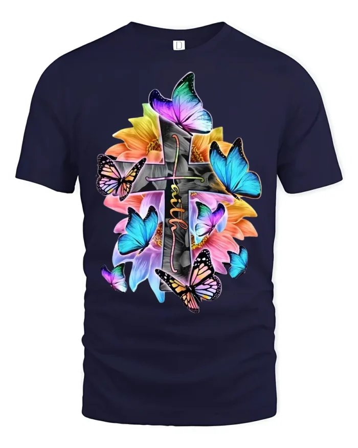 Christian Faith T-Shirt with Cross, Flowers, and Butterflies - navy t-shirt on white background