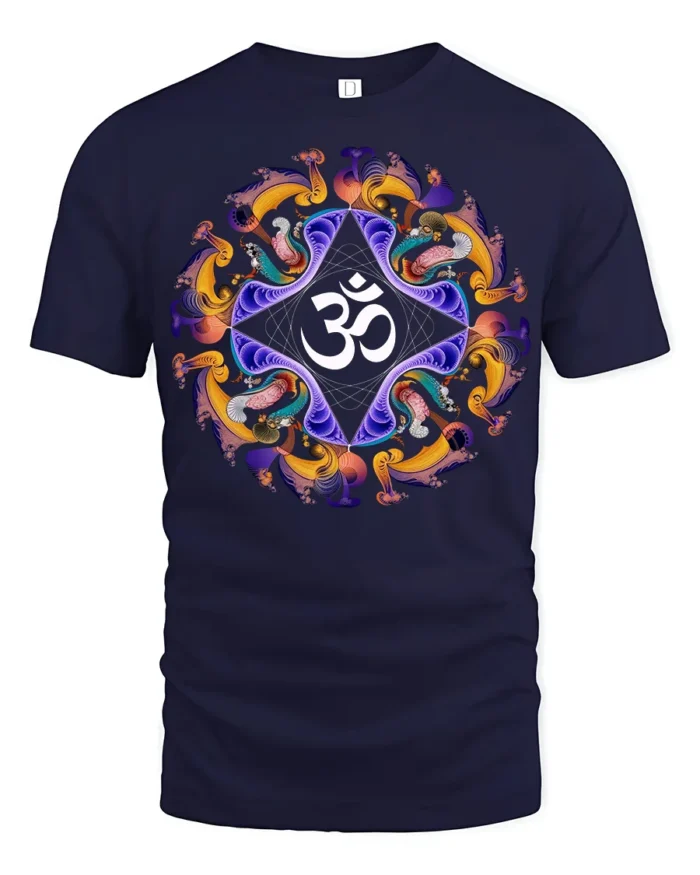 Spiritual Om Mandala T-Shirt Peaceful Yoga Graphic Tee - navy t-shirt on white background