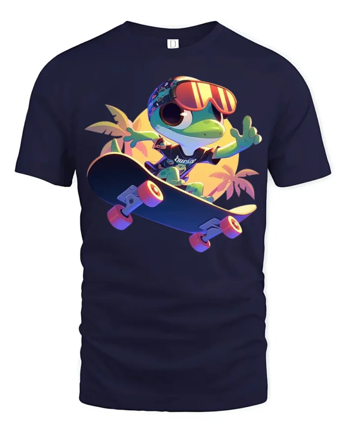 Funny Frog on Skateboard T-Shirt Vibrant Summer Tee - navy t-shirt on white background
