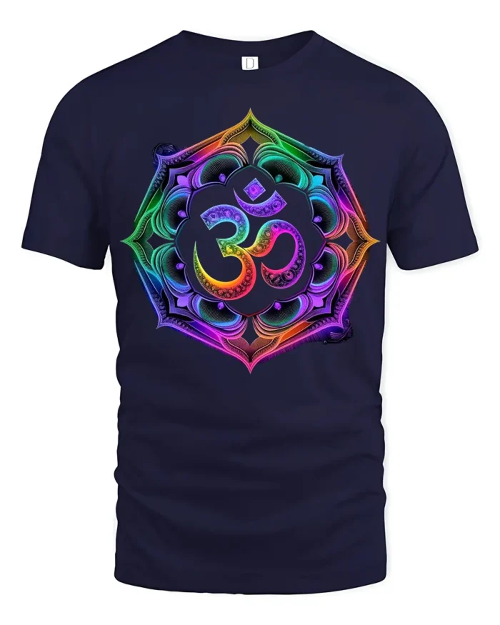 Colorful Om Symbol T-Shirt Chakra Meditation Yoga Zen - navy t-shirt on white background