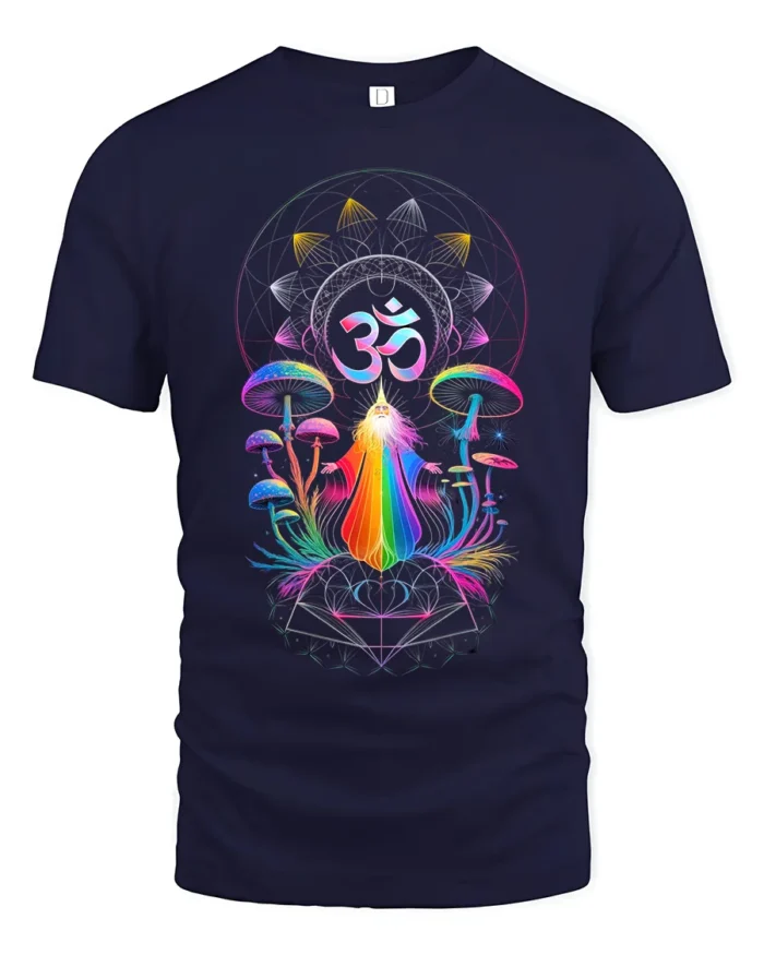Psychedelic Om T-Shirt Rainbow Shaman Meditation Tee - navy t-shirt on white background