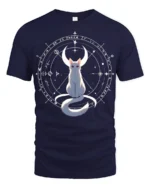 Mystic Cat Moon T-Shirt Celestial Witchcraft Tee - navy t-shirt on white background