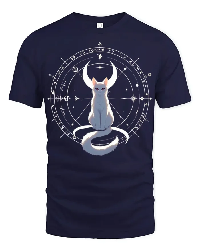 Mystic Cat Moon T-Shirt Celestial Witchcraft Tee - navy t-shirt on white background
