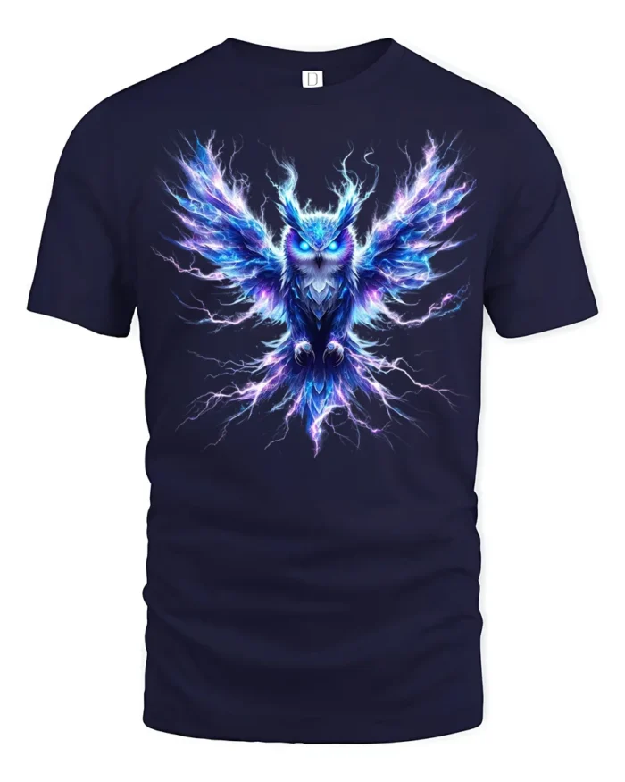 Electric Owl T-Shirt Glowing Bird Graphic Tee for Men - navy t-shirt on white background