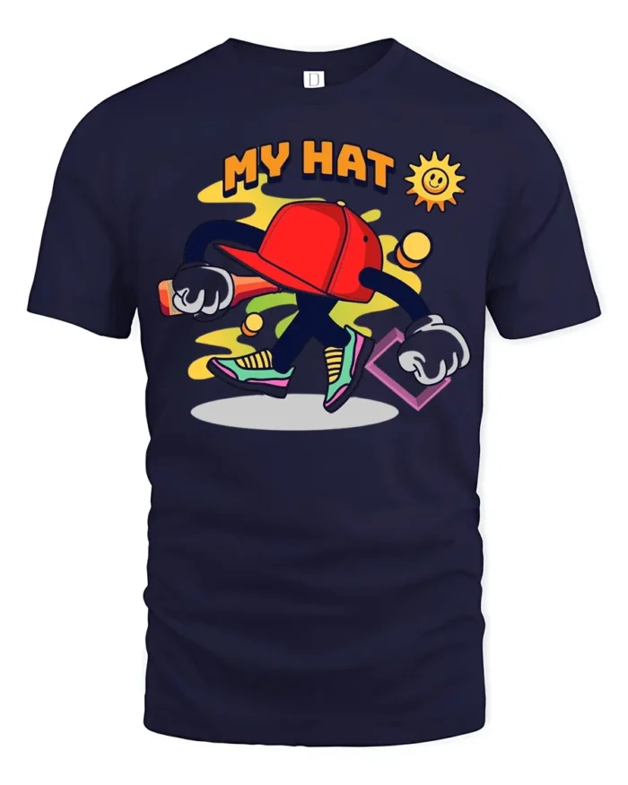Funky Hat Graphic T-Shirt Playful Hip Hop Style Tee - navy t-shirt on white background