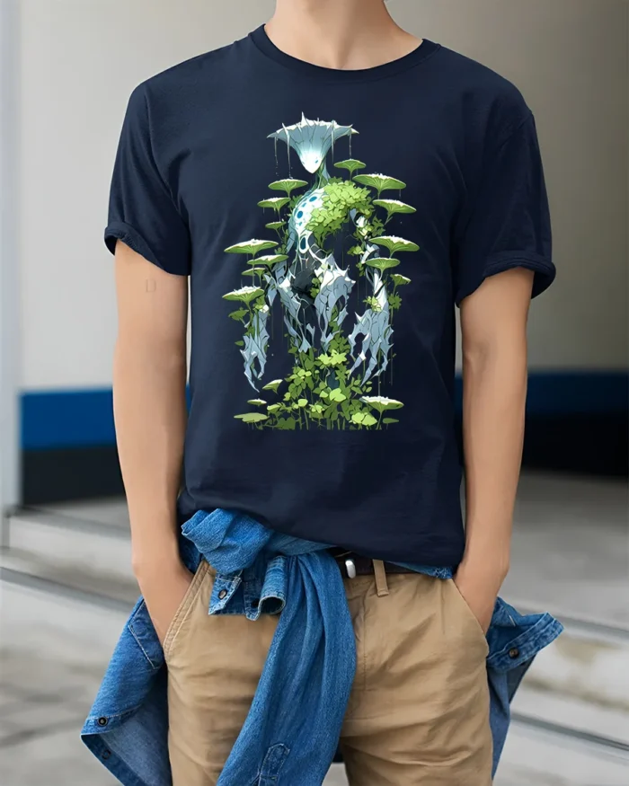 Eco Warrior Alien Forest Spirit Graphic T-Shirt for Men - model wearing navy shirt, hands in pockets