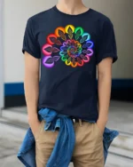 Rainbow Mandala T-Shirt Vibrant Geometric Art Tee - model wearing navy shirt, hands in pockets