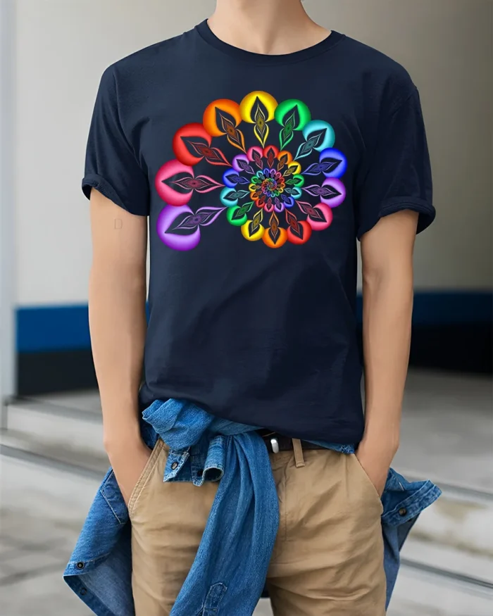 Rainbow Mandala T-Shirt Vibrant Geometric Art Tee - model wearing navy shirt, hands in pockets