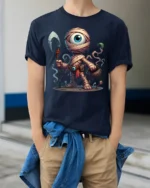 One Eyed Monster T-Shirt Epic Comic Style Graphic Tee - model wearing navy shirt, hands in pockets