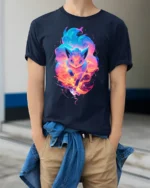 Flaming Fox Spirit T-Shirt Glow in the Dark Style Tee - model wearing navy shirt, hands in pockets