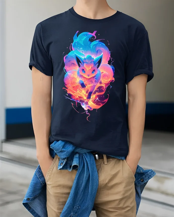 Flaming Fox Spirit T-Shirt Glow in the Dark Style Tee - model wearing navy shirt, hands in pockets