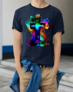 Faith Cross T-Shirt Christian Pride in Rainbow Colors - model wearing navy shirt, hands in pockets