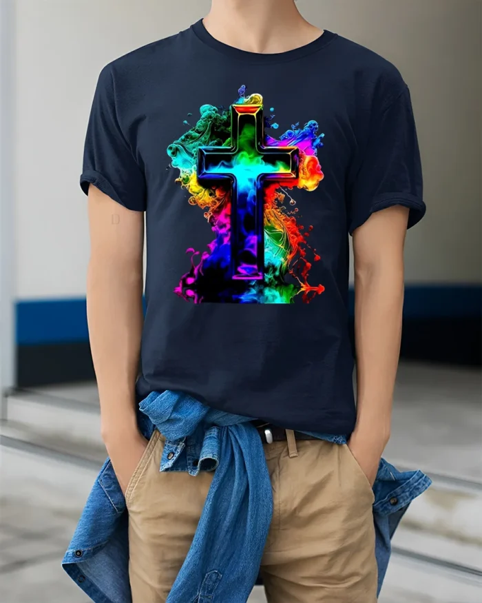 Faith Cross T-Shirt Christian Pride in Rainbow Colors - model wearing navy shirt, hands in pockets