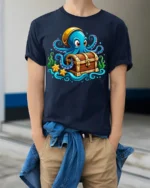 Ocean Pirate Octopus T-Shirt Cute Sea Creature Tee - model wearing navy shirt, hands in pockets