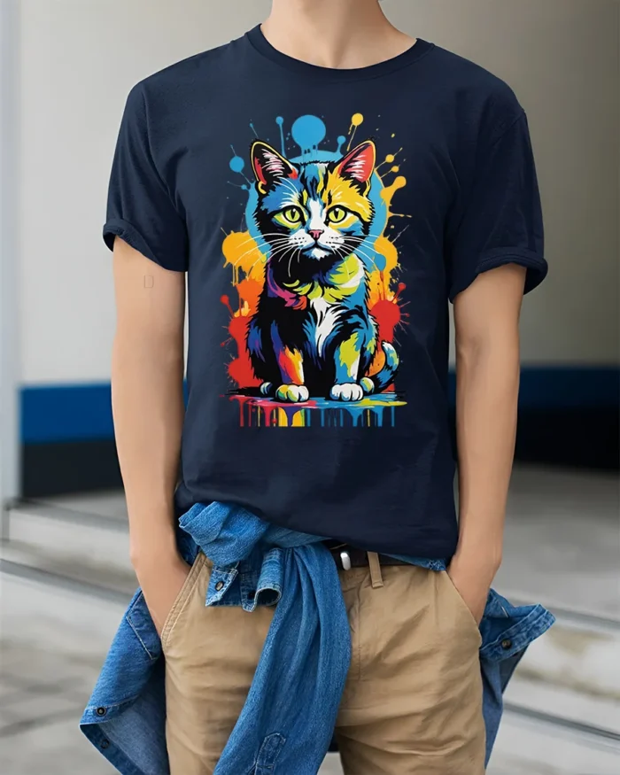 Pop Art Cat T-Shirt Bright Colorful Cat Lover Shirt - model wearing navy shirt, hands in pockets