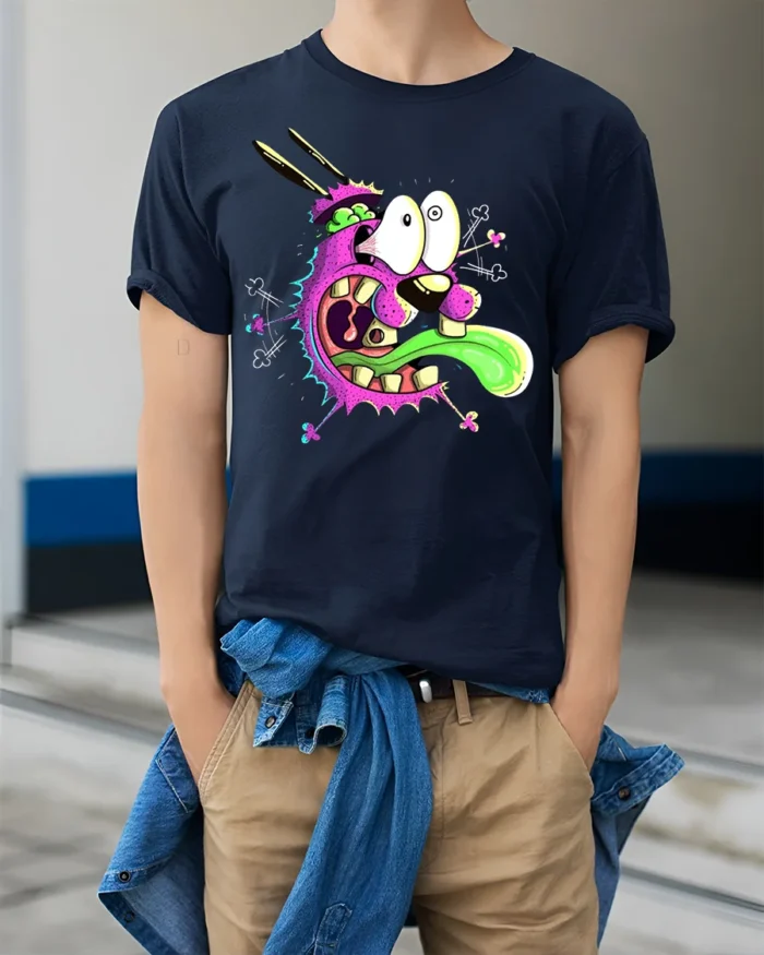 Freaky Monster Face T-Shirt Cool Funny Cartoon Tee - model wearing navy shirt, hands in pockets
