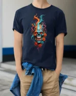 Skull Flame Roses T-Shirt Edgy Rock Style Tee - model wearing navy shirt, hands in pockets