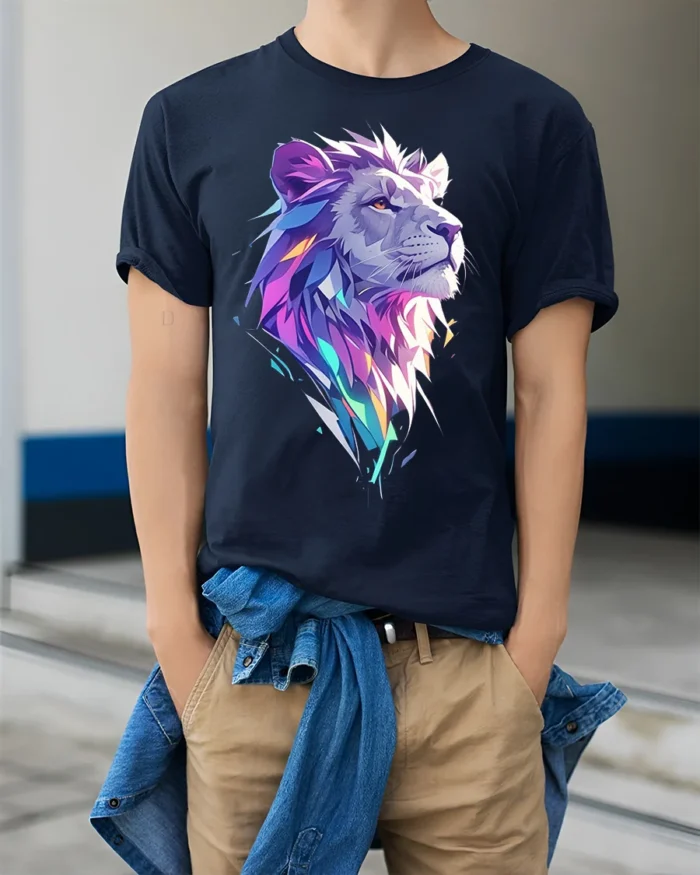 Geometric Lion T-Shirt Bold Graphic Jungle King Tee - model wearing navy shirt, hands in pockets