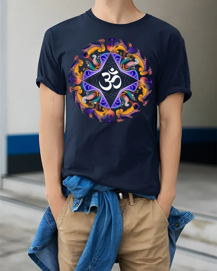 Spiritual Om Mandala T-Shirt Peaceful Yoga Graphic Tee - model wearing navy shirt, hands in pockets